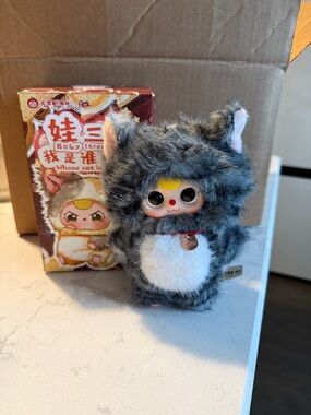 Baby Three Whose Cat is This PlushSmall Pet Toy — Gray & White Furry Cat Costume